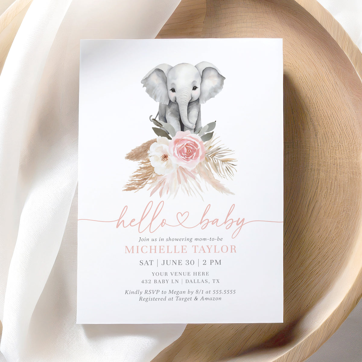 Pink Floral Pampas Grass Elephant Baby Shower Invitation
