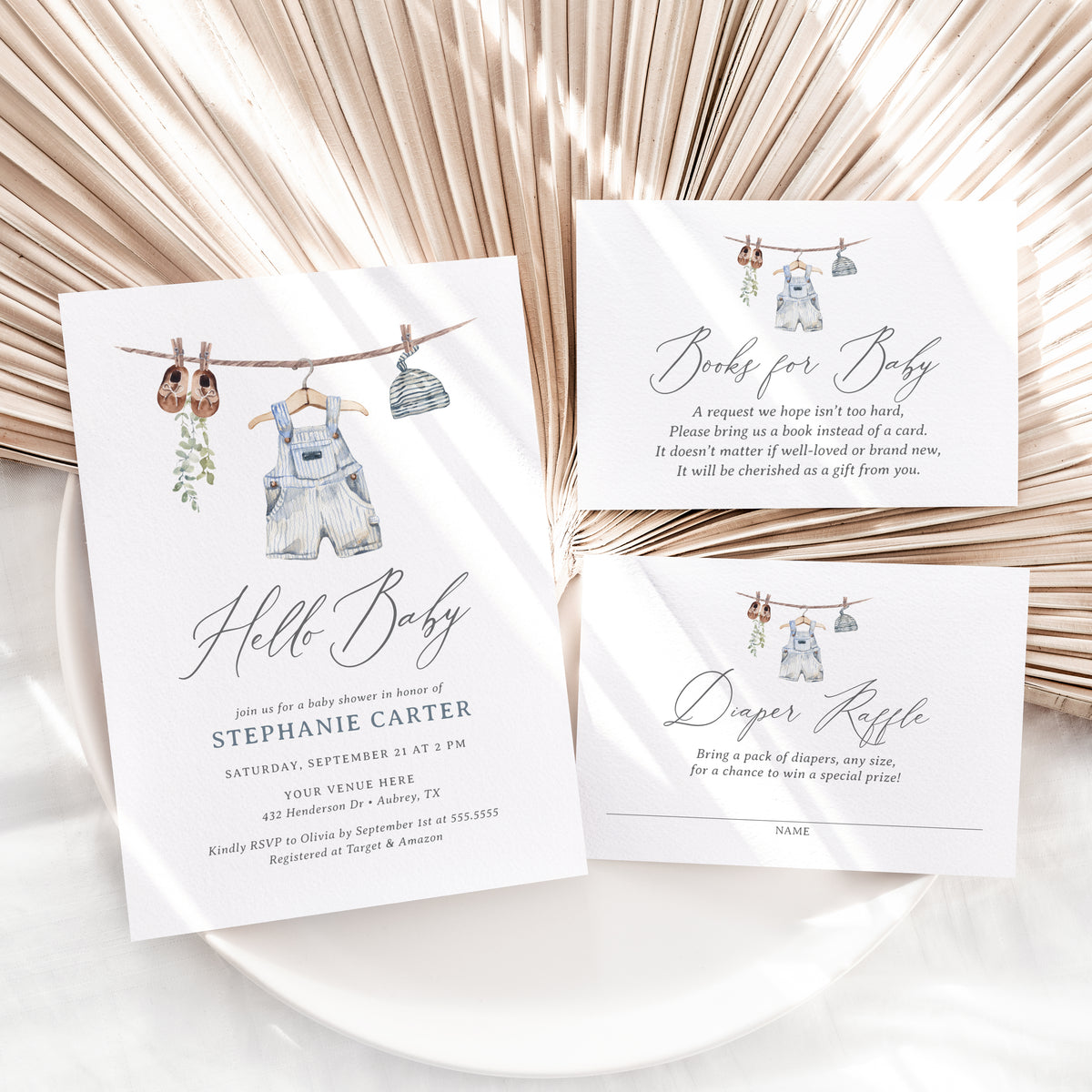 Editable Boy Baby Clothes Baby Shower Invitation Suite Template - Set of 3