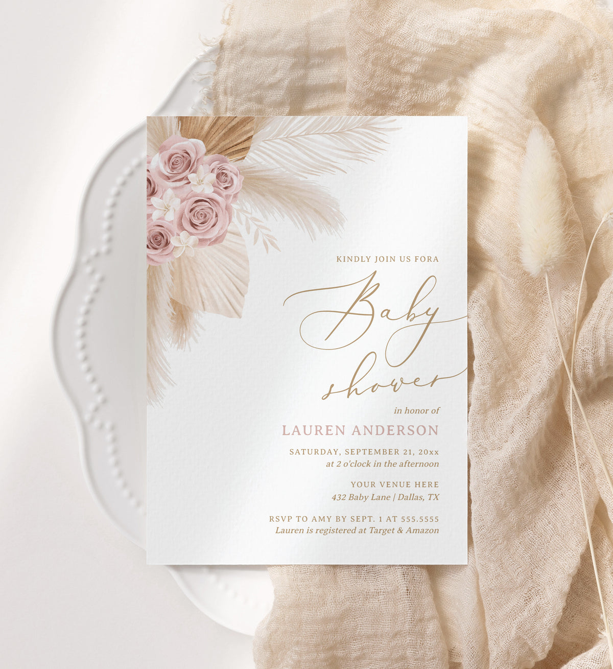 Pink Floral Pampas Grass Baby Shower Invitation Template