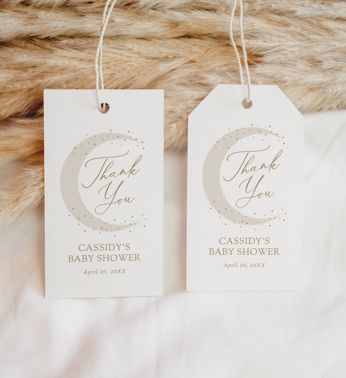 Editable Neutral Over the Moon Baby Shower Favor Tag Template