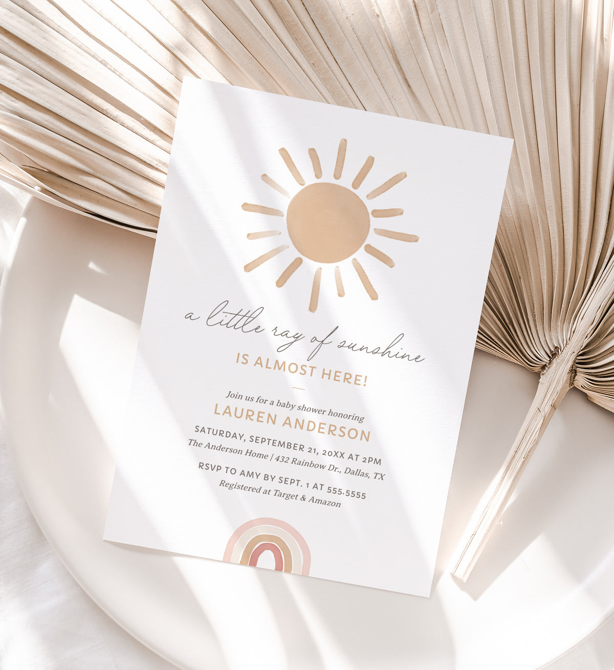 Editable Pink Little Ray of Sunshine Baby Shower Invitation Template