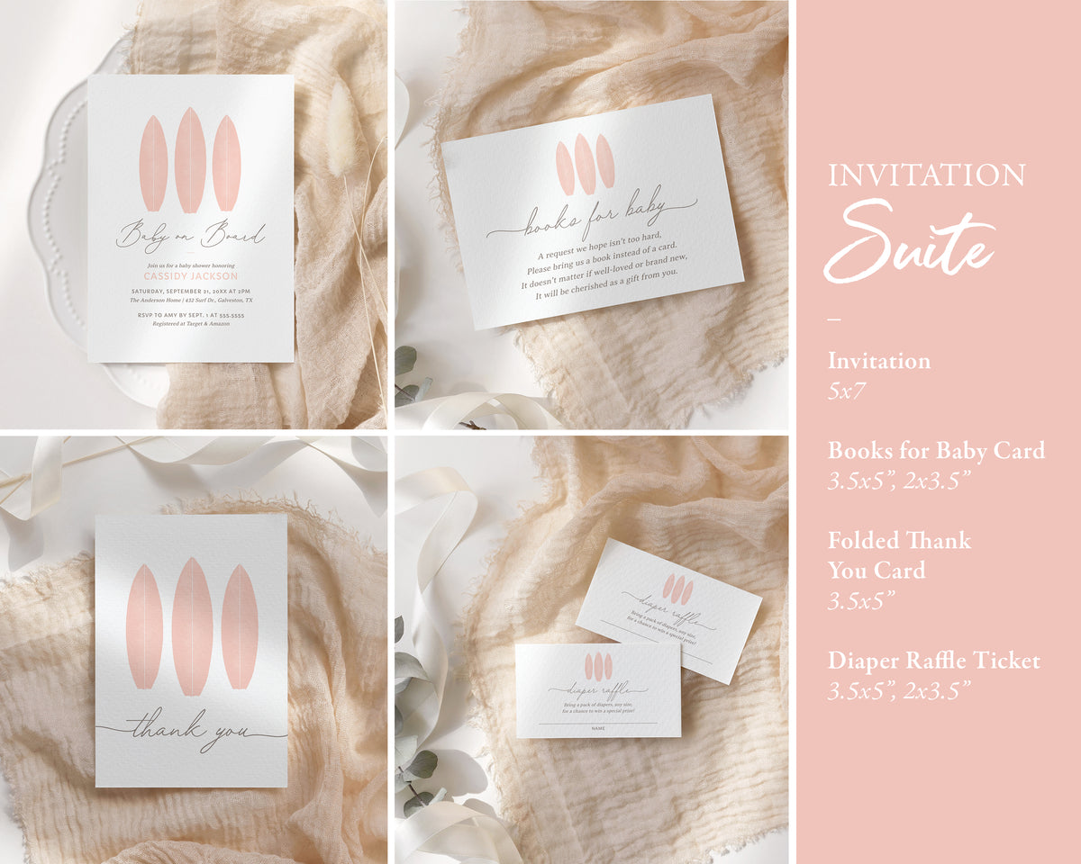 Editable Pink Surfboard Baby Shower Invitation Bundle