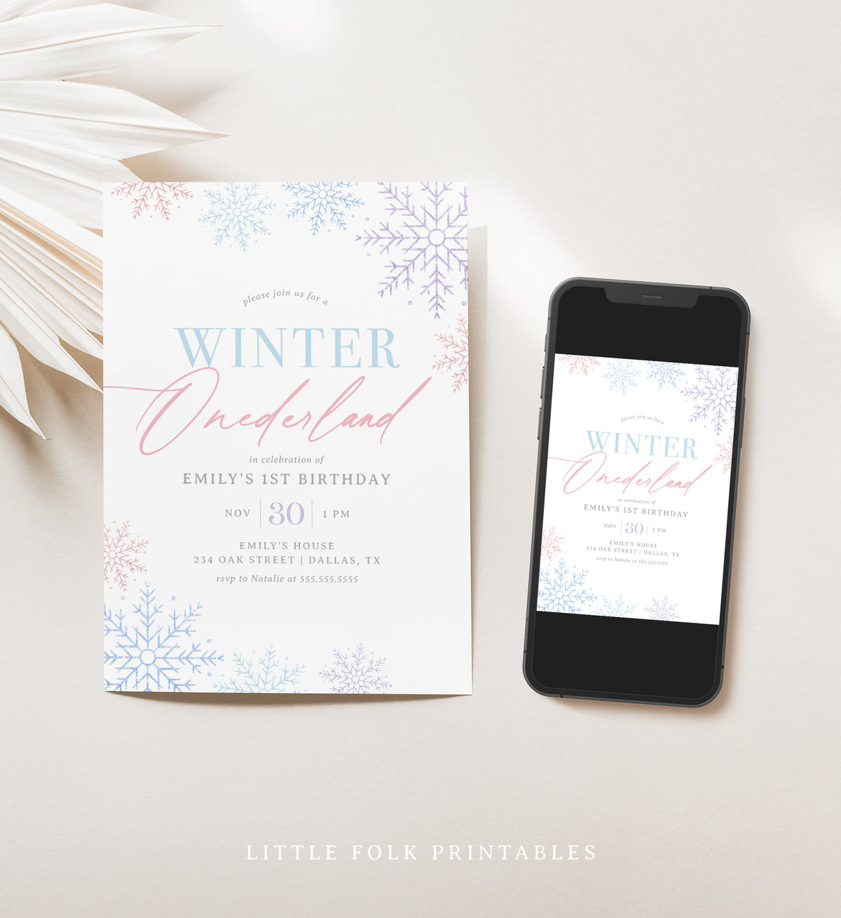 Editable Winter Onederland Snowflake Birthday Invitation Template