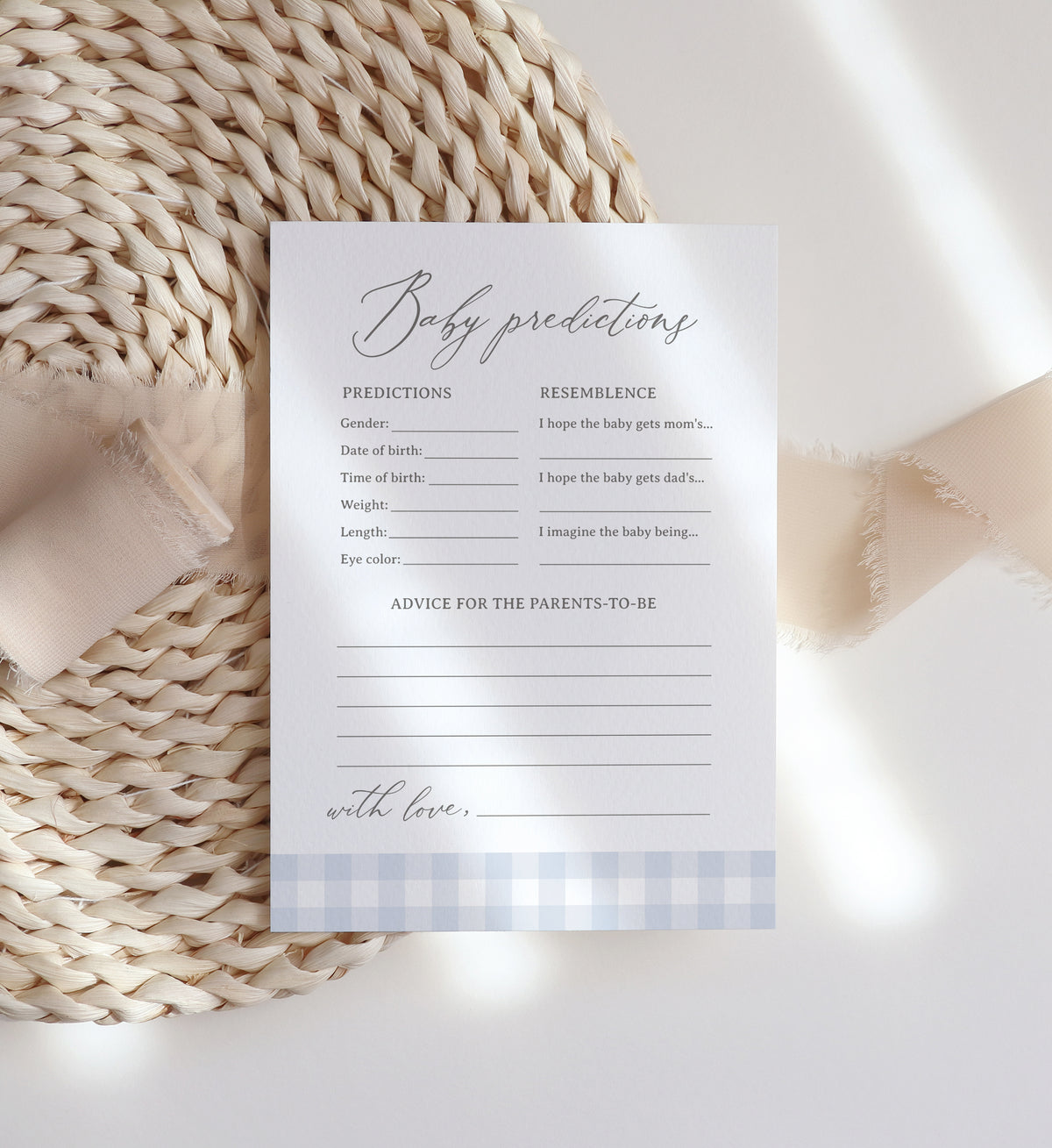 Editable Blue Gingham Baby Shower Predications and Advice Template