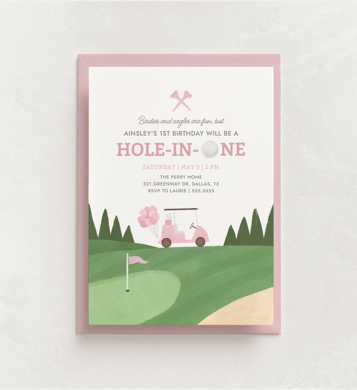 Editable Pink Golf 1st Birthday Invitation Template