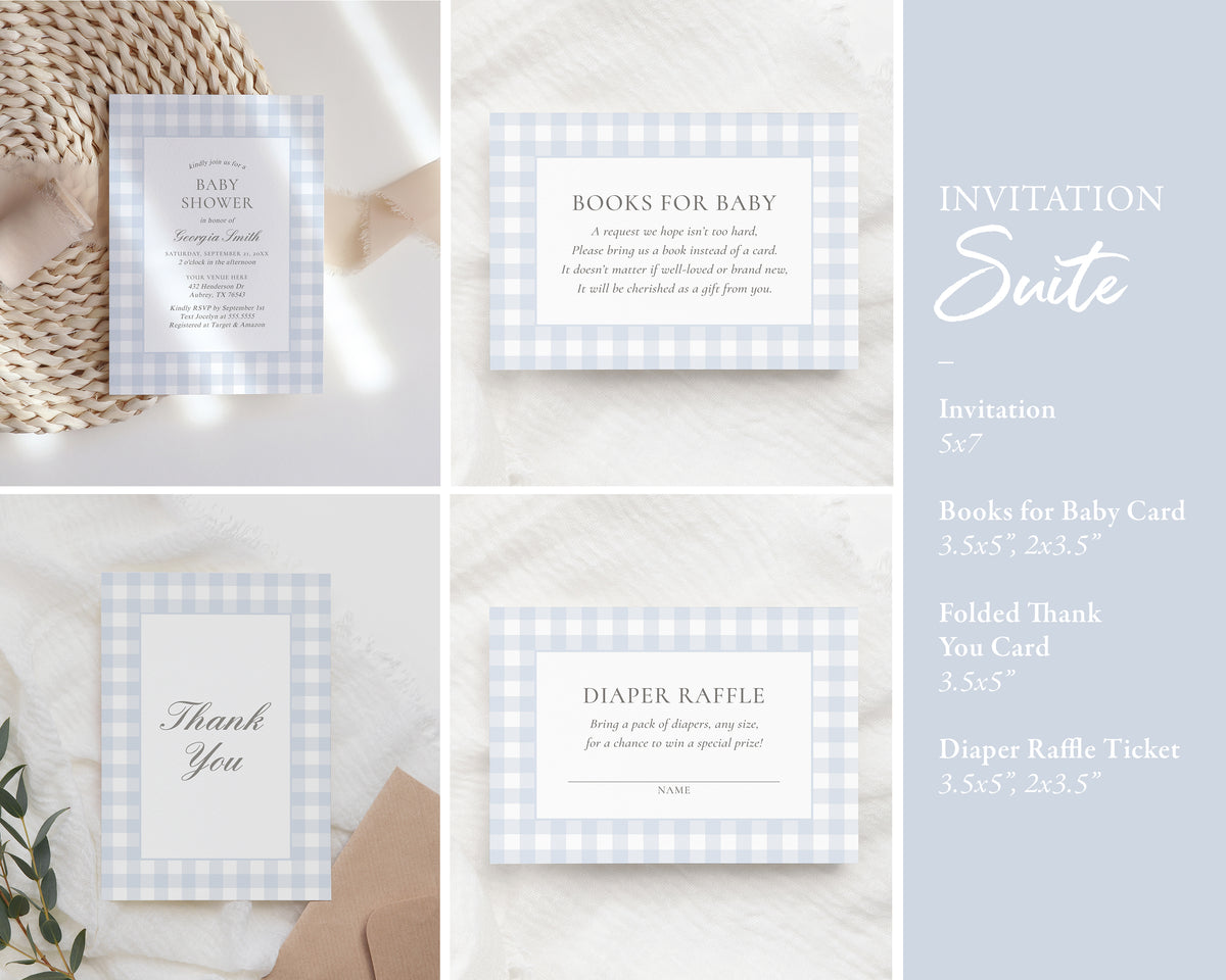 Editable Blue Gingham Baby Shower Invitation Bundle
