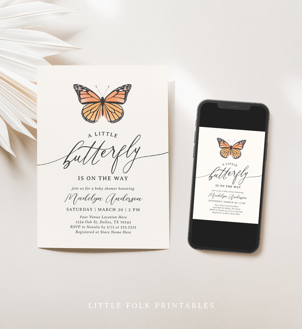 Editable Monarch Butterfly Baby Shower Invitation Template