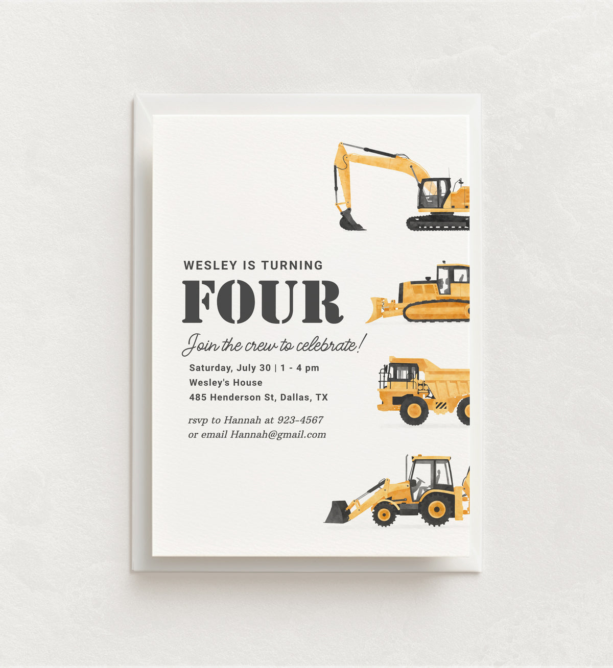 Editable Construction Vehicles 4th Birthday Invitation Template