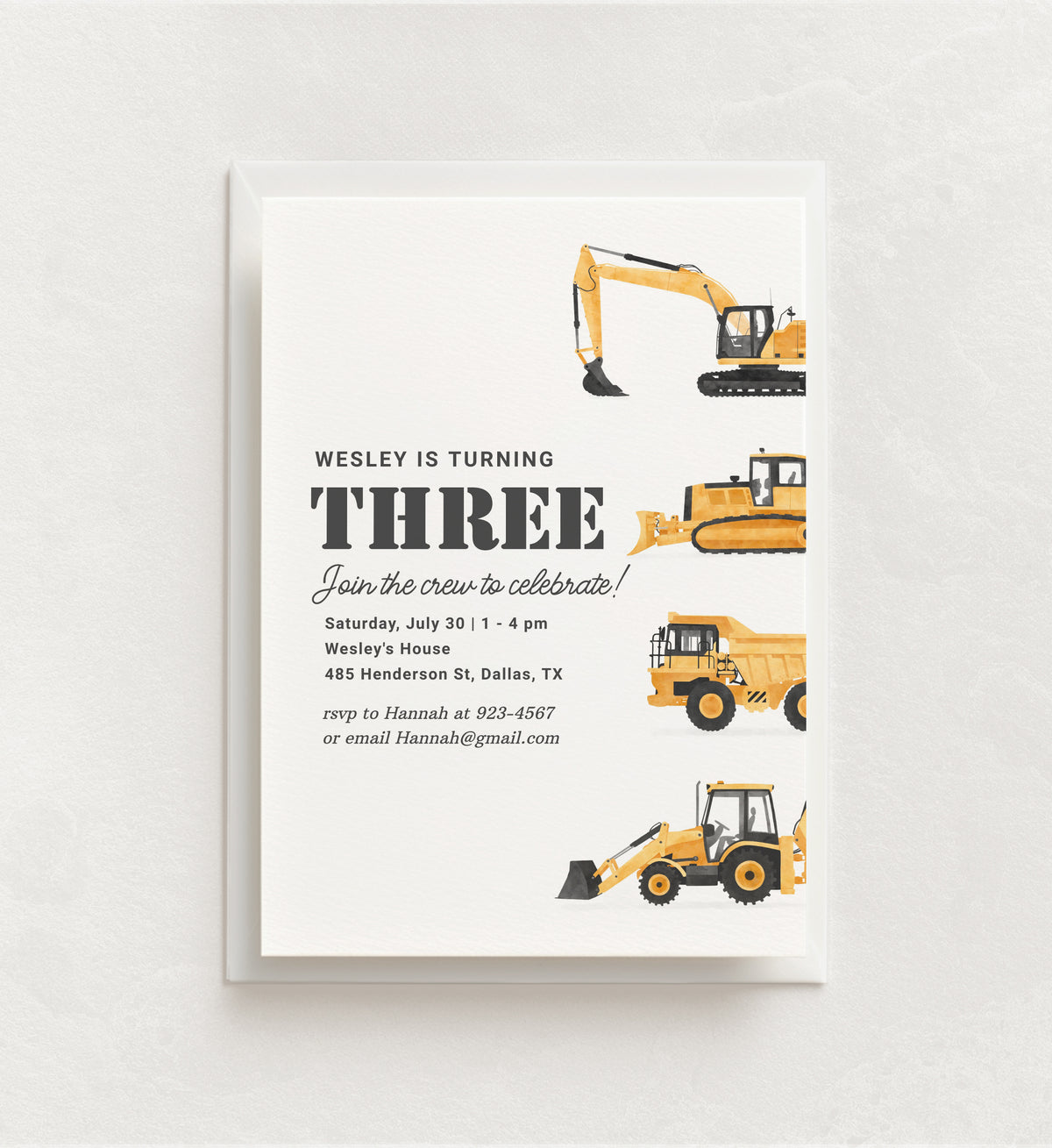 Editable Construction Vehicles 3rd Birthday Invitation Template