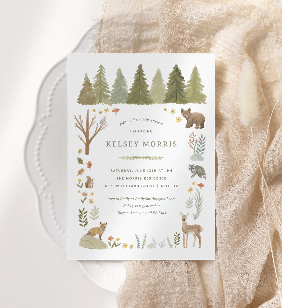 Editable Woodland Baby Shower Invitation Suite Template - Set of 3