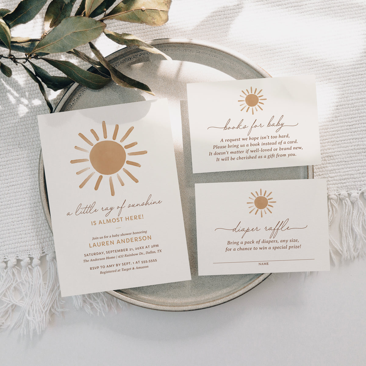 Editable Little Ray of Sunshine Baby Shower Invitation Suite Template - Set of 3