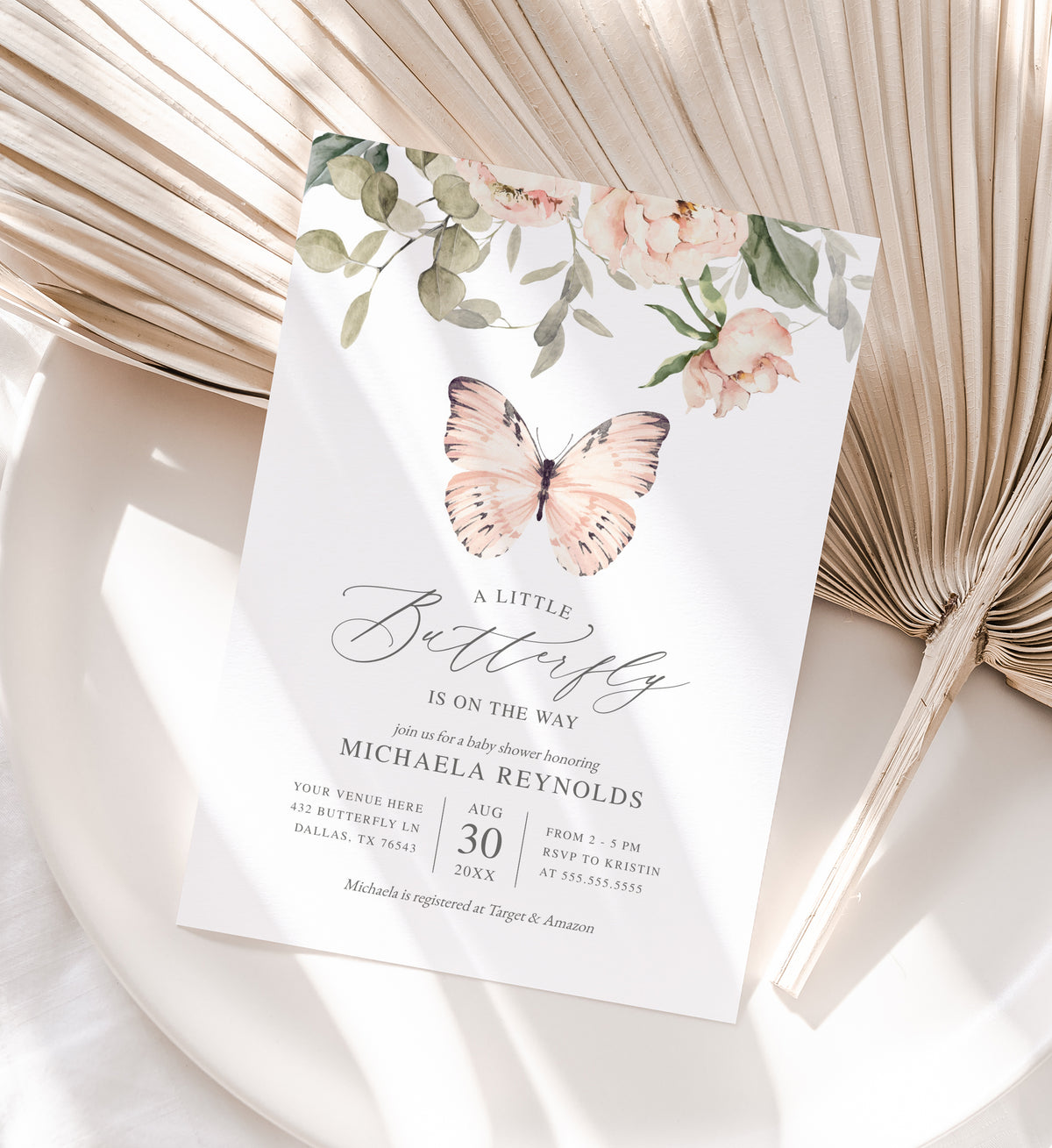 Editable Pink Butterfly Baby Shower Invitation Template