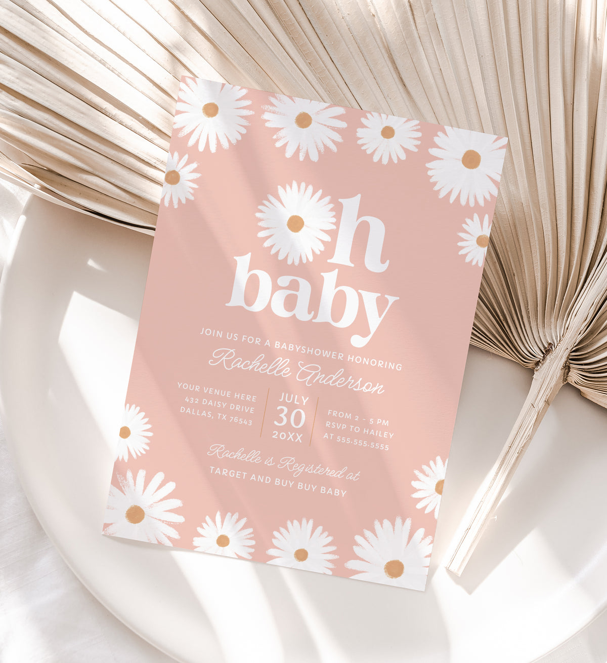 Oh Baby Pink Daisy Baby Shower Invitation Template