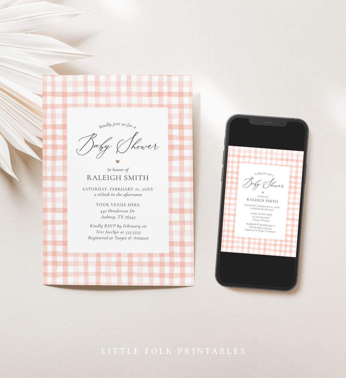 Editable Pink Watercolor Gingham Baby Shower Invitation Template