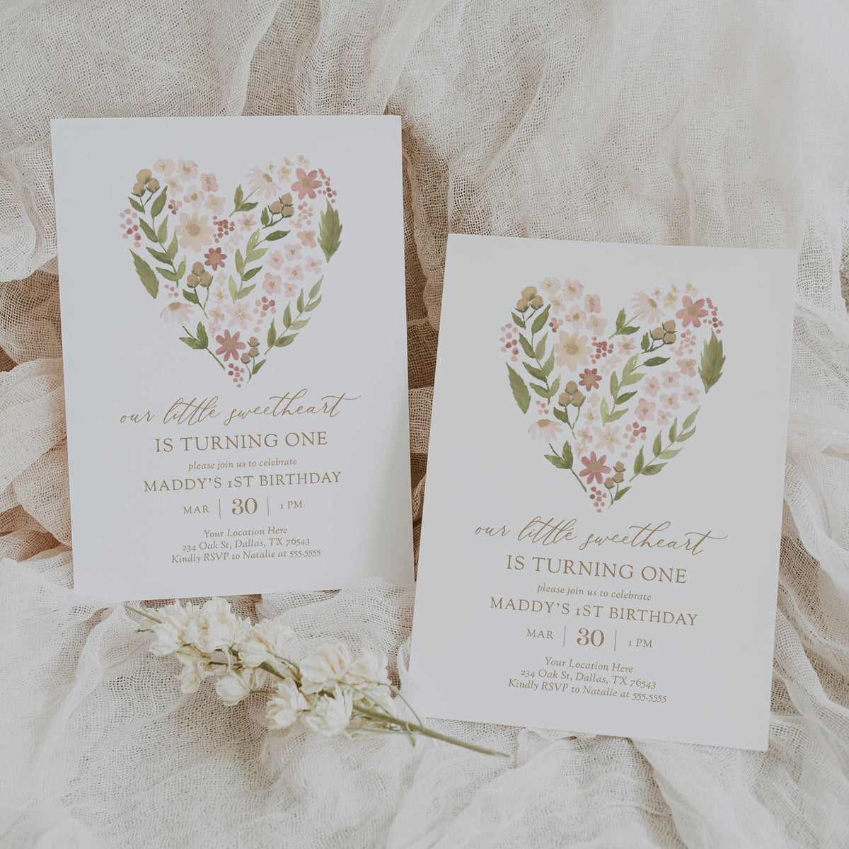 Little Sweetheart Floral Heart Birthday Invitation