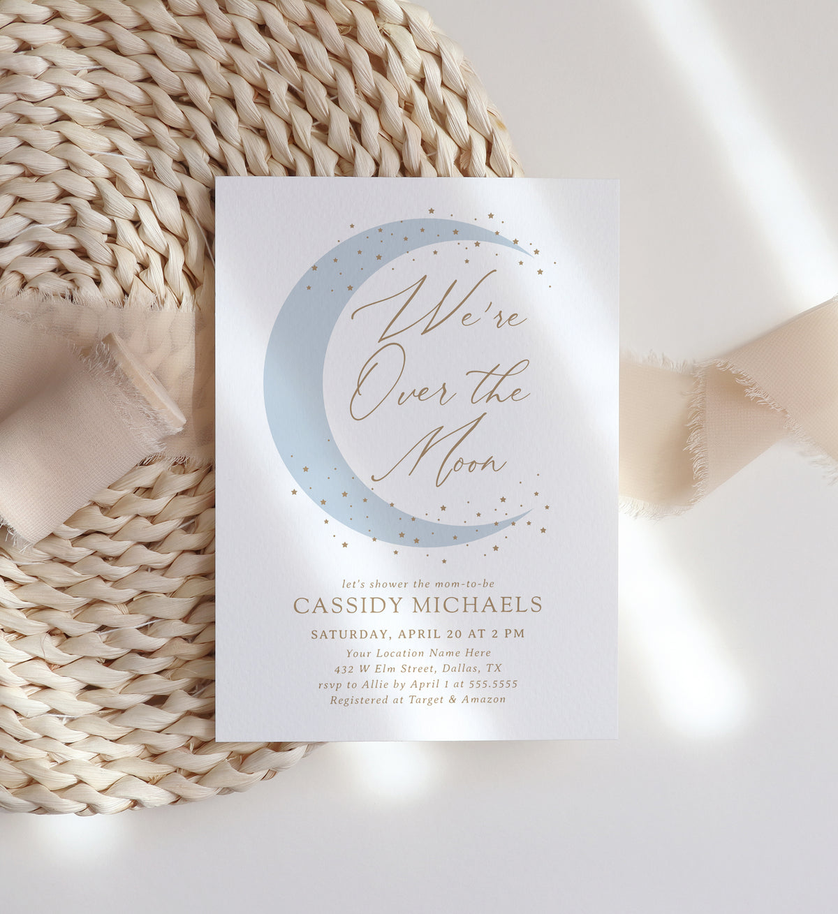 Editable Blue Over the Moon Baby Shower Invitation Template