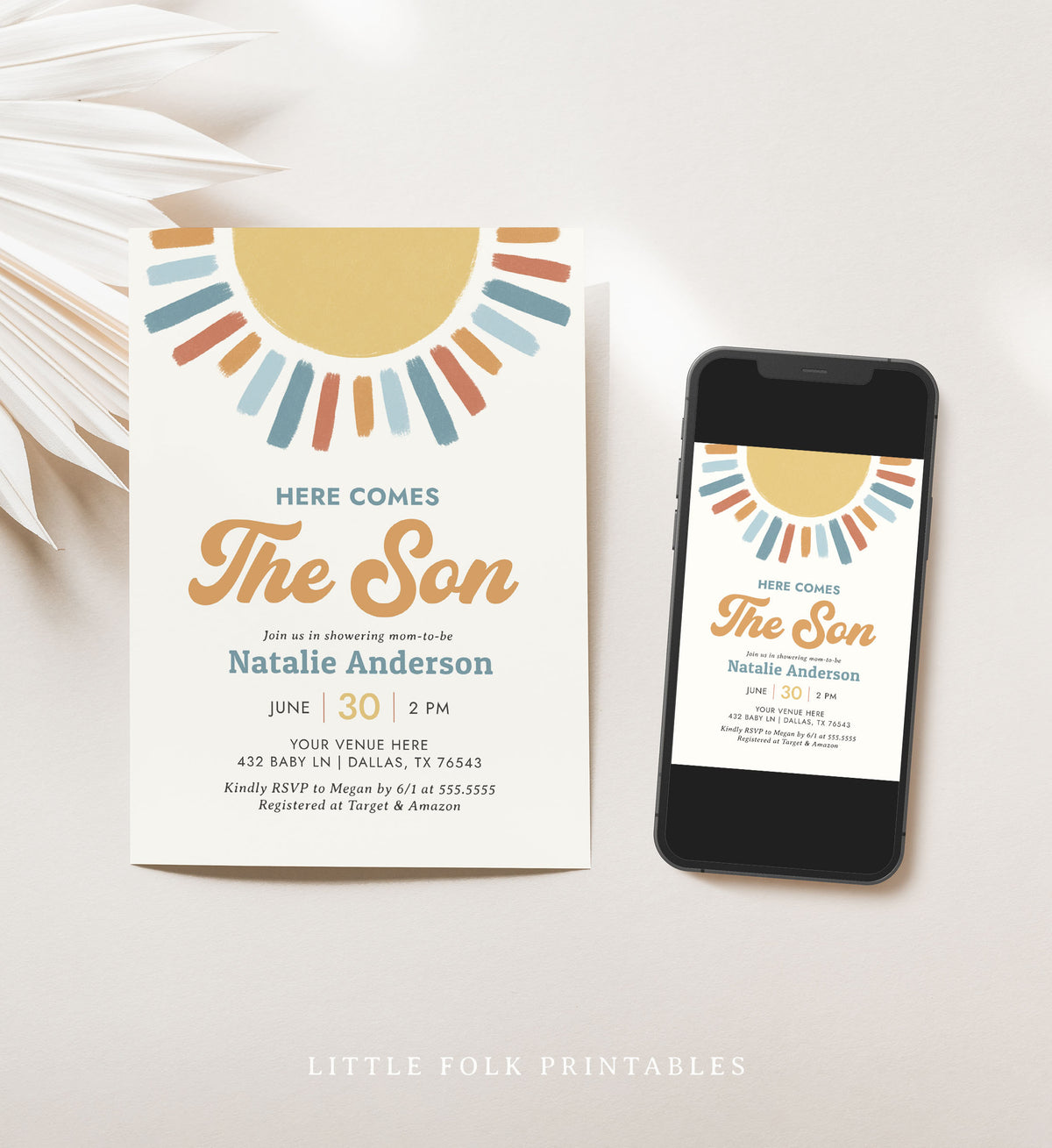 Retro Here Comes the Son Baby Shower Invitation Template