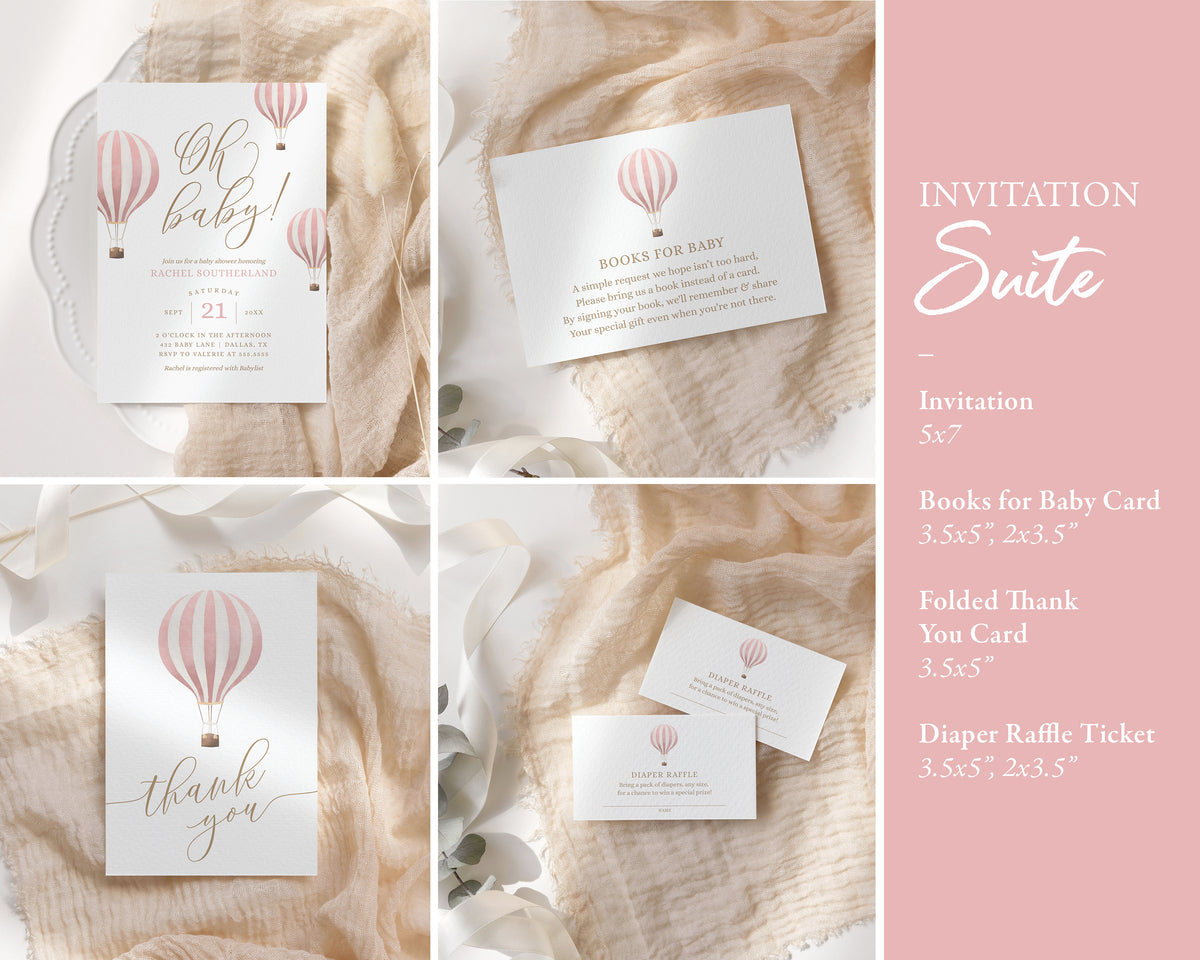 Editable Pink Hot Air Balloon Baby Shower Invitation Bundle