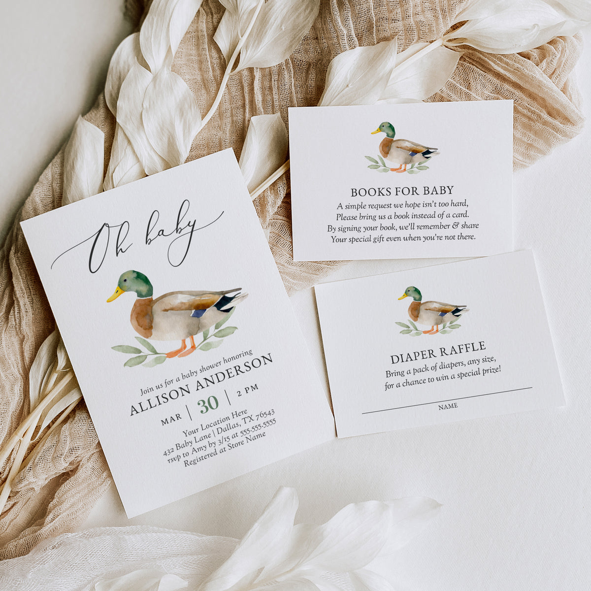 Editable Duck Baby Shower Invitation Suite Template - Set of 3