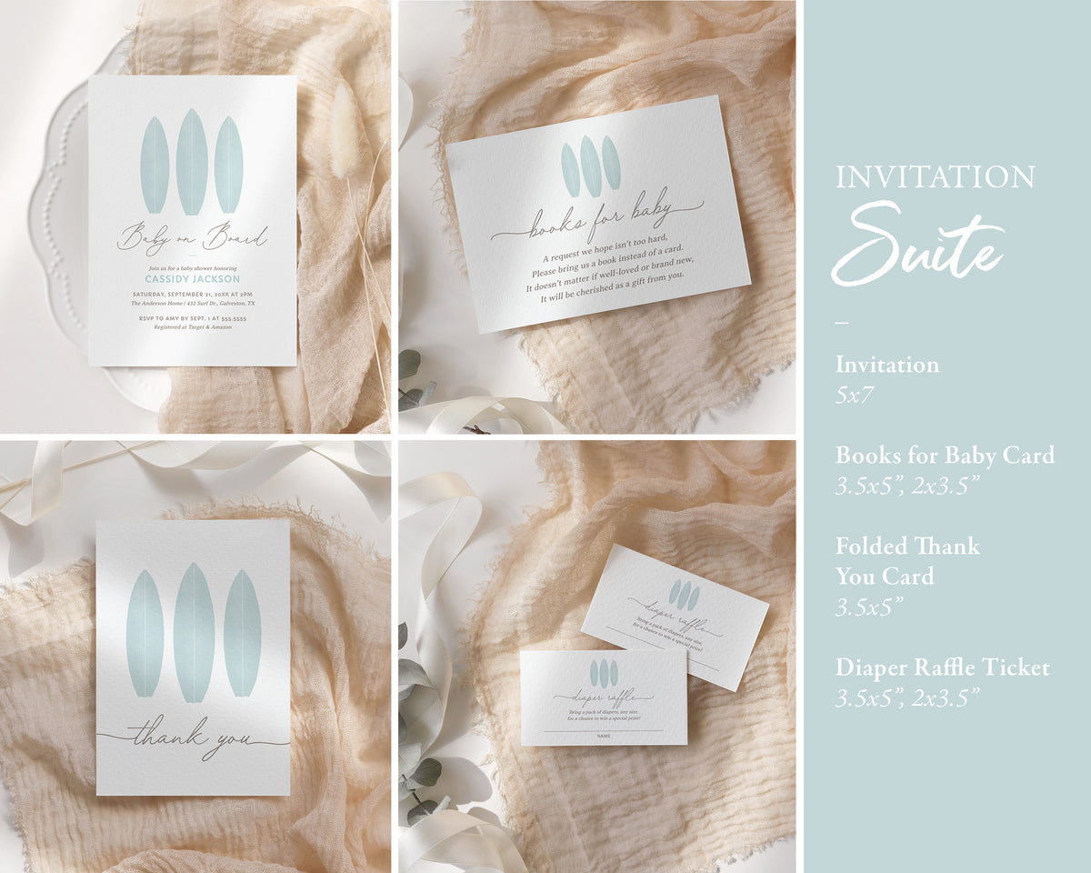 Editable Blue Surfboard Baby Shower Invitation Bundle
