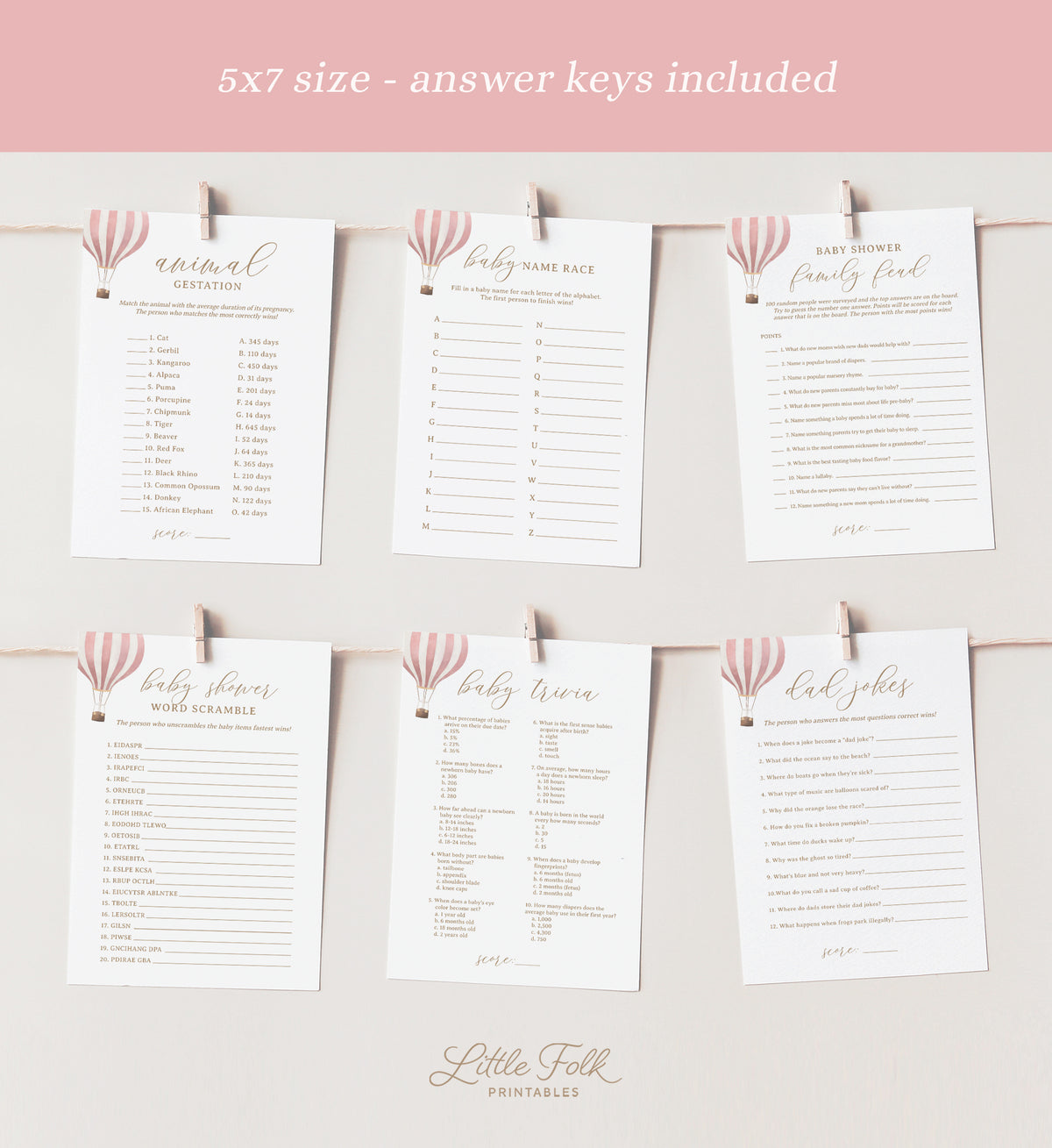 Editable Pink Hot Air Balloon Baby Shower Games Bundle