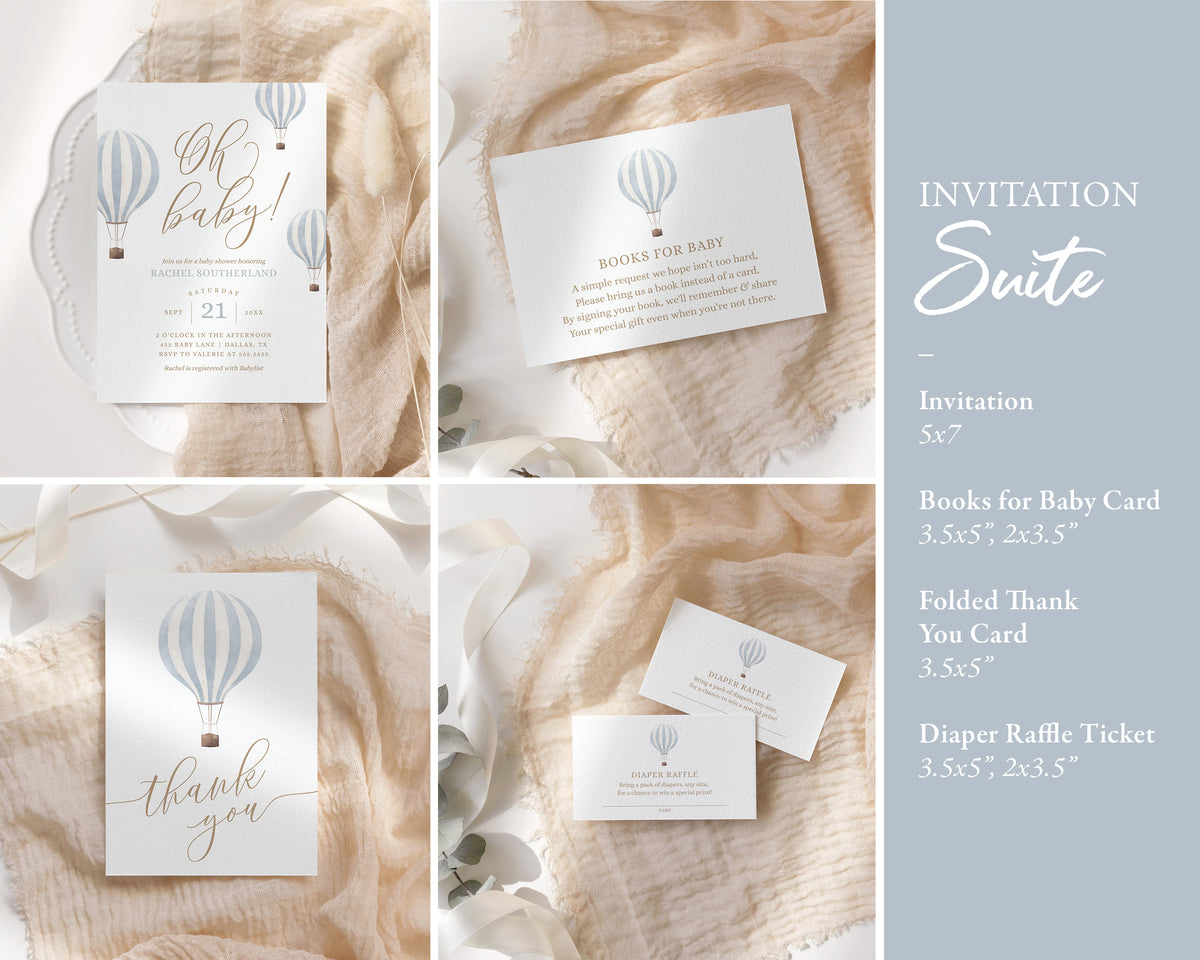 Editable Blue Hot Air Balloon Baby Shower Invitation Bundle