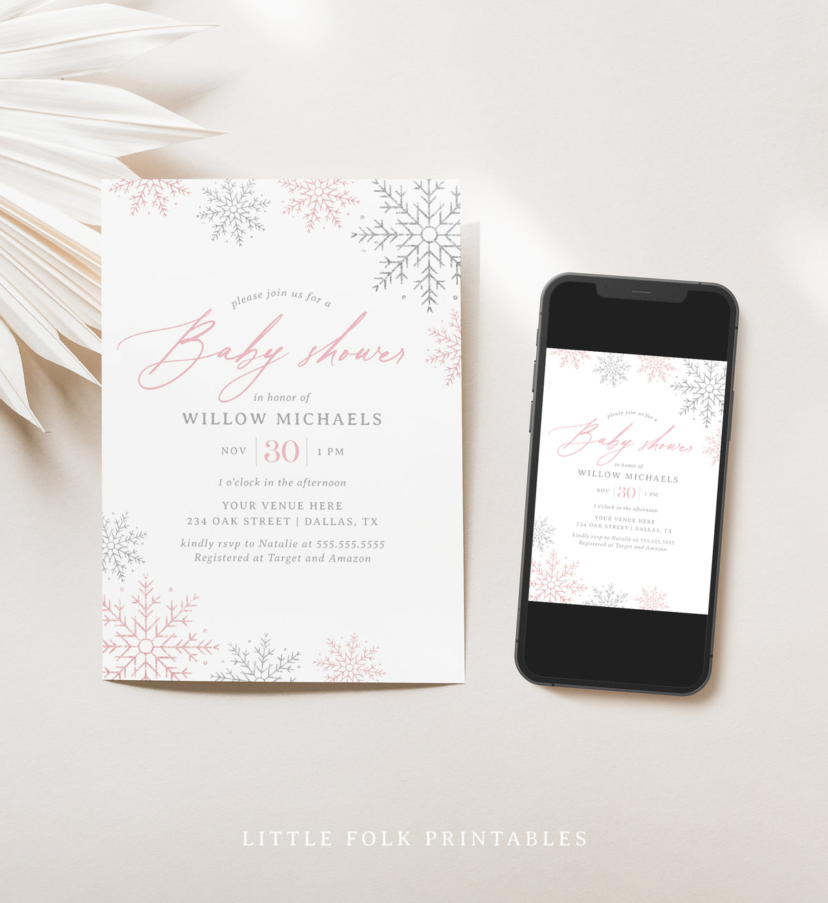 Pink Snowflake Baby Shower Invitation Template