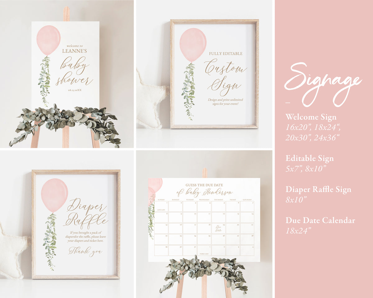 Editable Pink Balloon Baby Shower Invitation Bundle