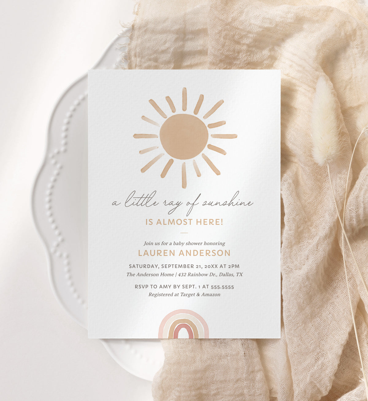 Editable Pink Little Ray of Sunshine Baby Shower Invitation Template