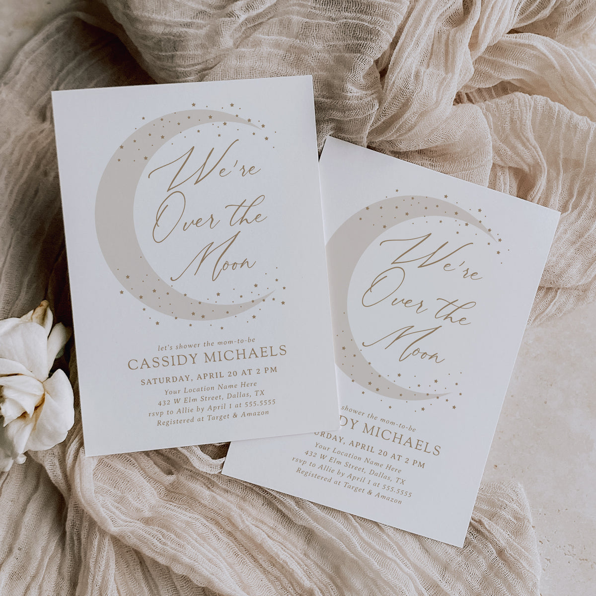 Editable Neutral Over the Moon Baby Shower Invitation Template