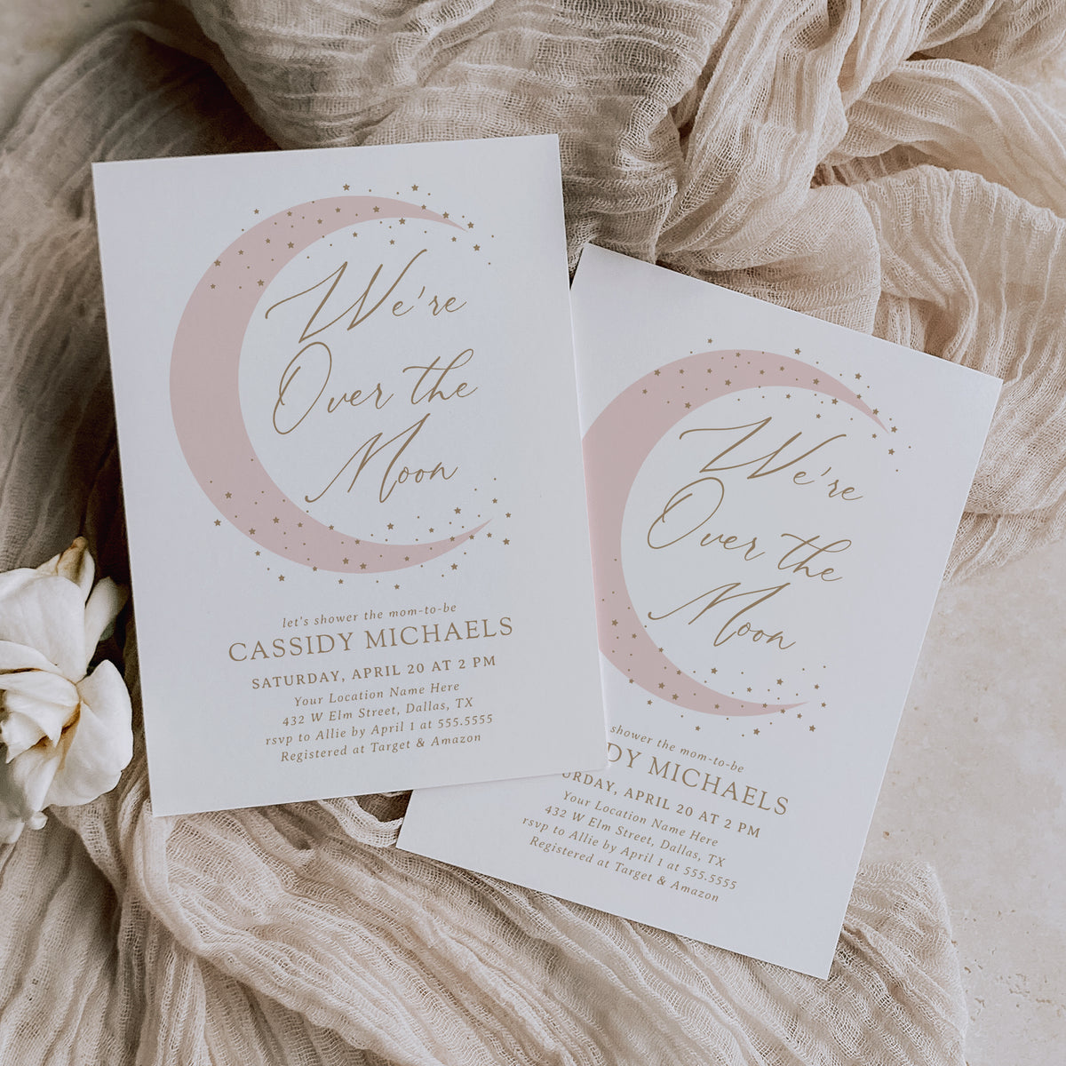Editable Pink Over the Moon Baby Shower Invitation Template