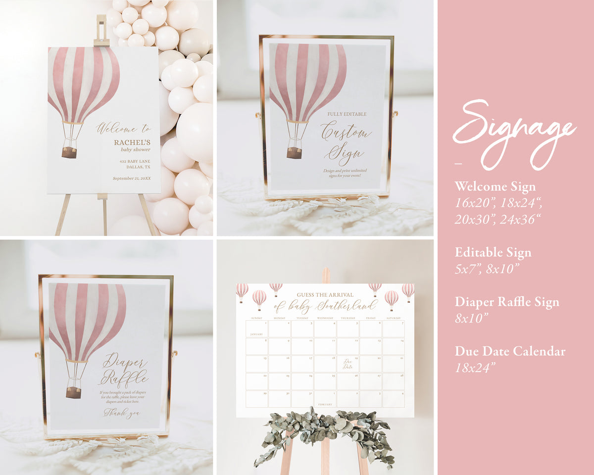 Editable Pink Hot Air Balloon Baby Shower Invitation Bundle