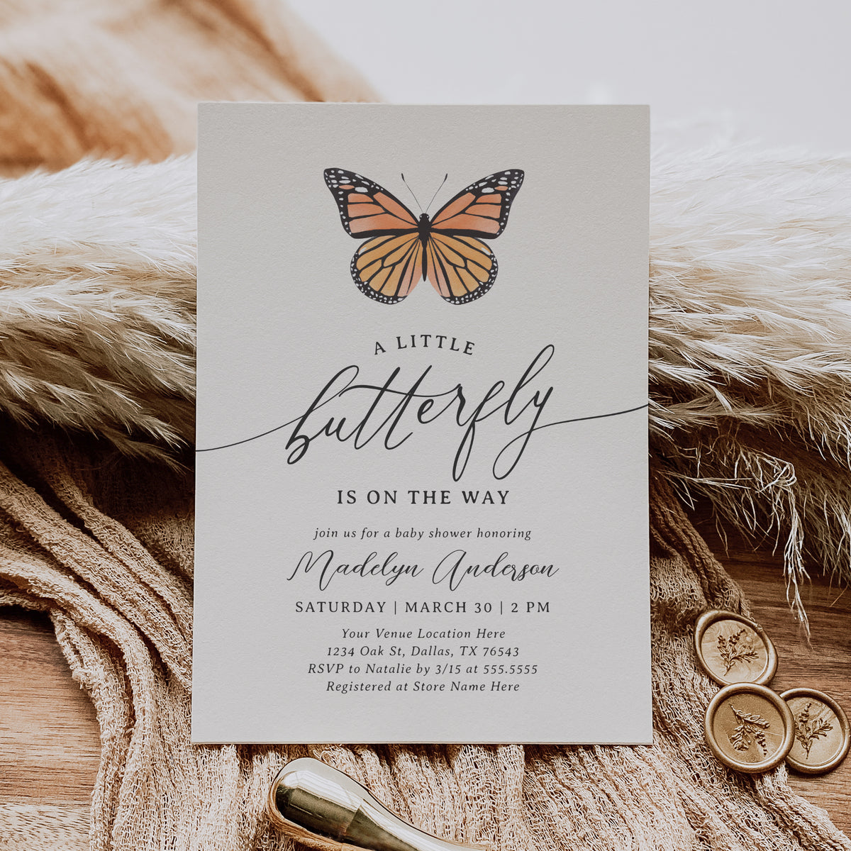 Editable Monarch Butterfly Baby Shower Invitation Template