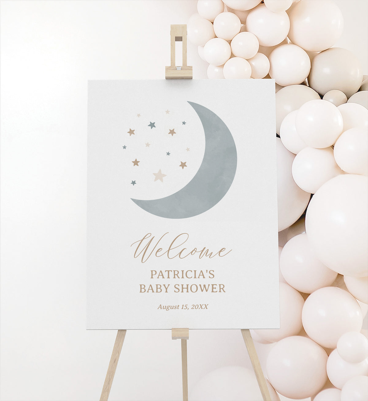 Editable Blue Over the Moon Baby Shower Welcome Sign Template