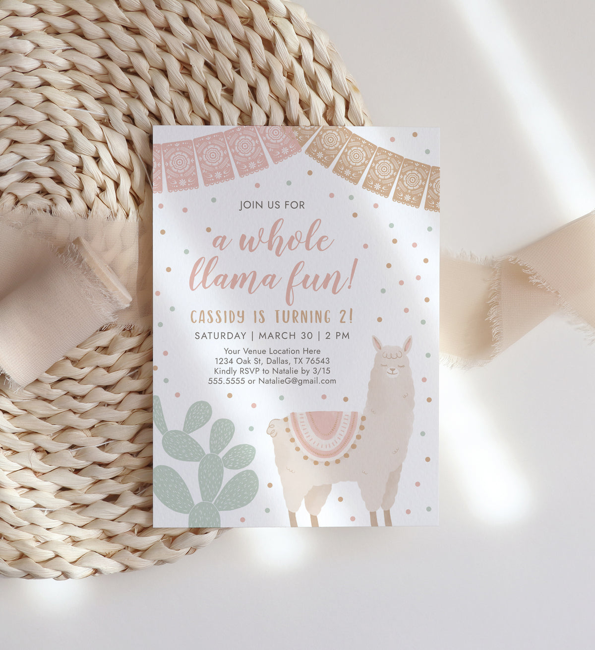 Editable Pink Llama Birthday Invitation Template