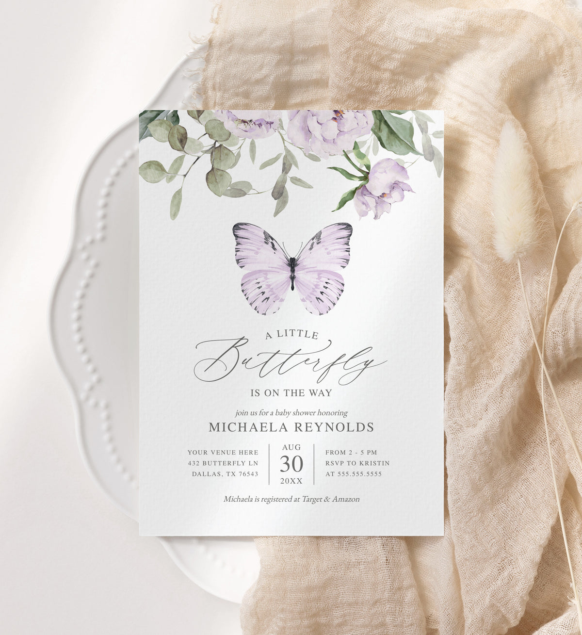 Editable Purple Butterfly Baby Shower Invitation Template