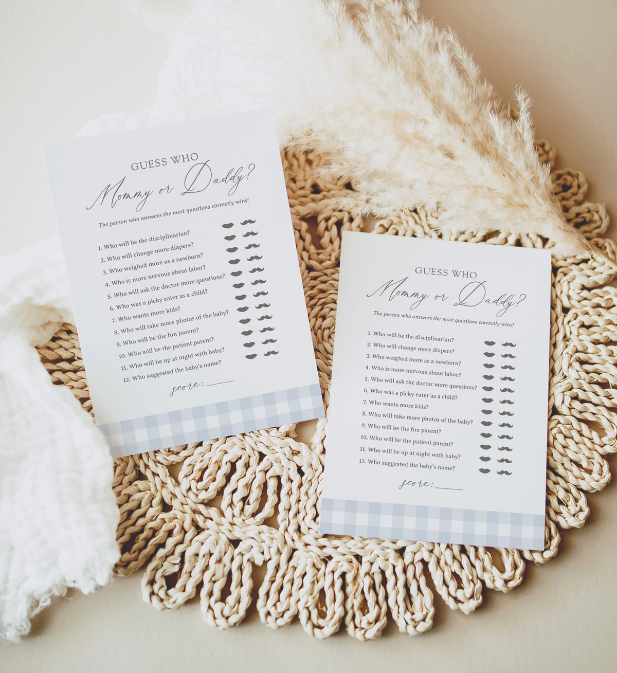 Editable Blue Gingham Baby Shower "Guess Who? Mommy or Daddy" Template