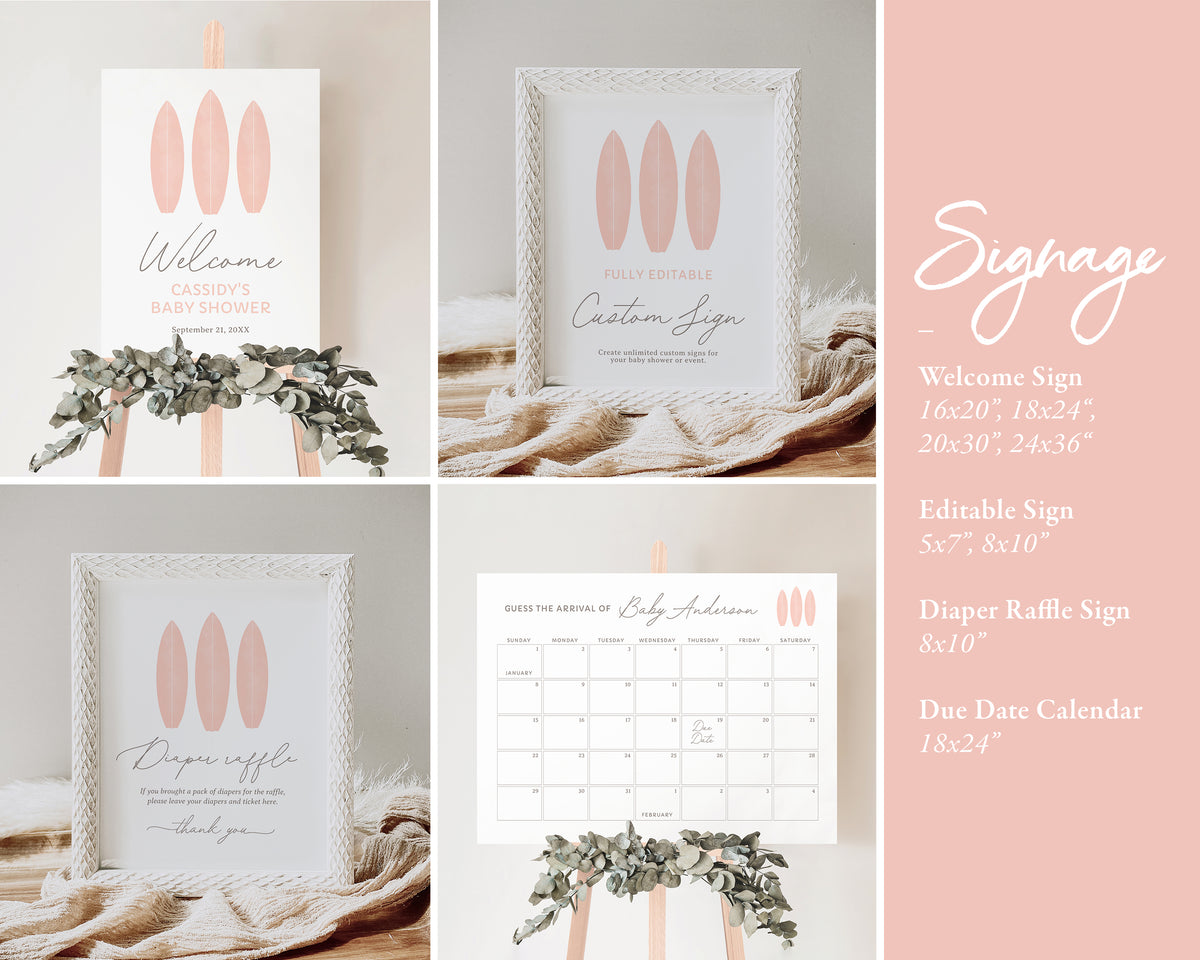 Editable Pink Surfboard Baby Shower Invitation Bundle