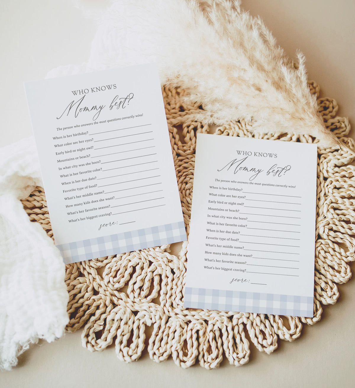 Editable Blue Gingham Baby Shower Who Knows Mommy Best Template