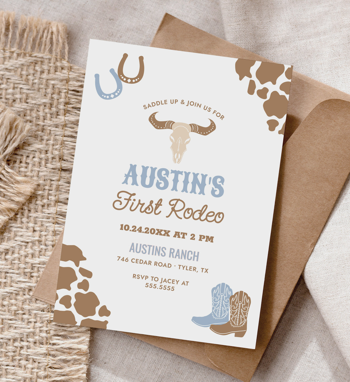 Editable Blue First Rodeo Birthday Invitation Template