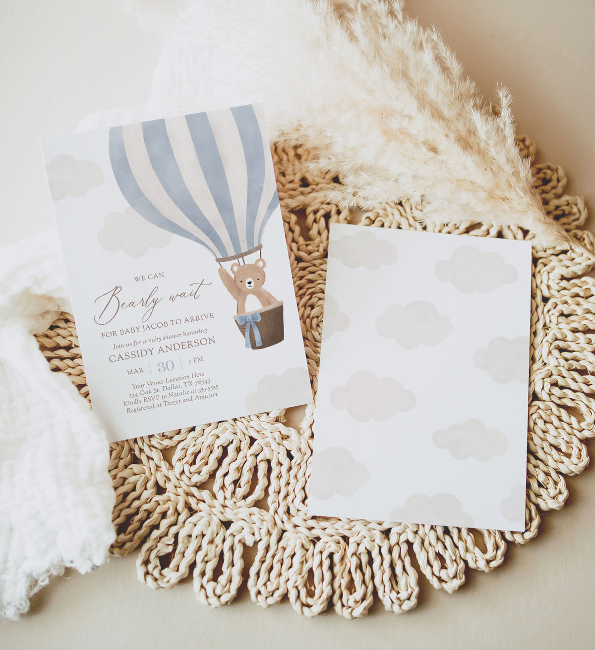 Editable Blue Teddy Bear Hot Air Balloon Baby Shower Invitation Template