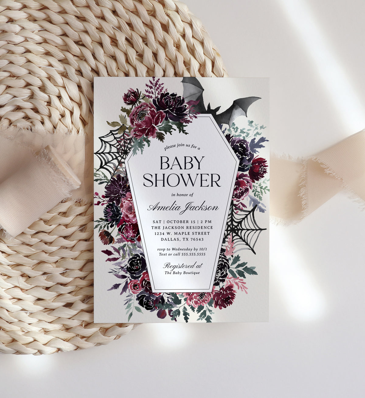 Floral Coffin Halloween Baby Shower Invitation Template