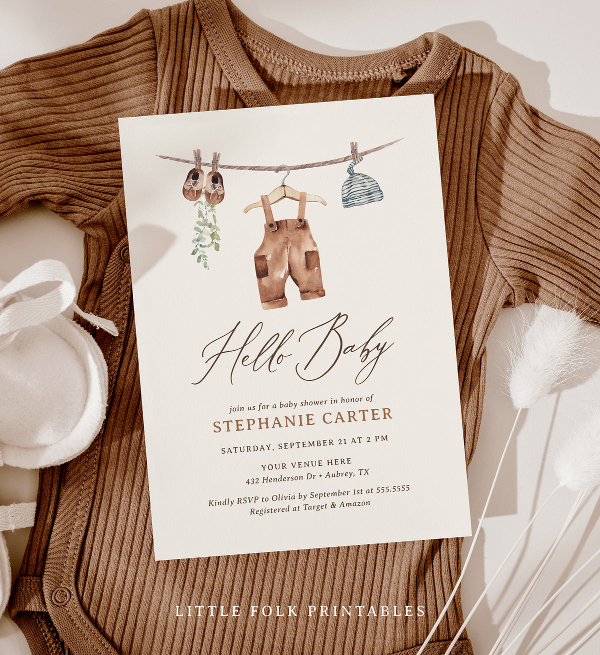 Editable Boho Boy Baby Clothes Baby Shower Invitation Template