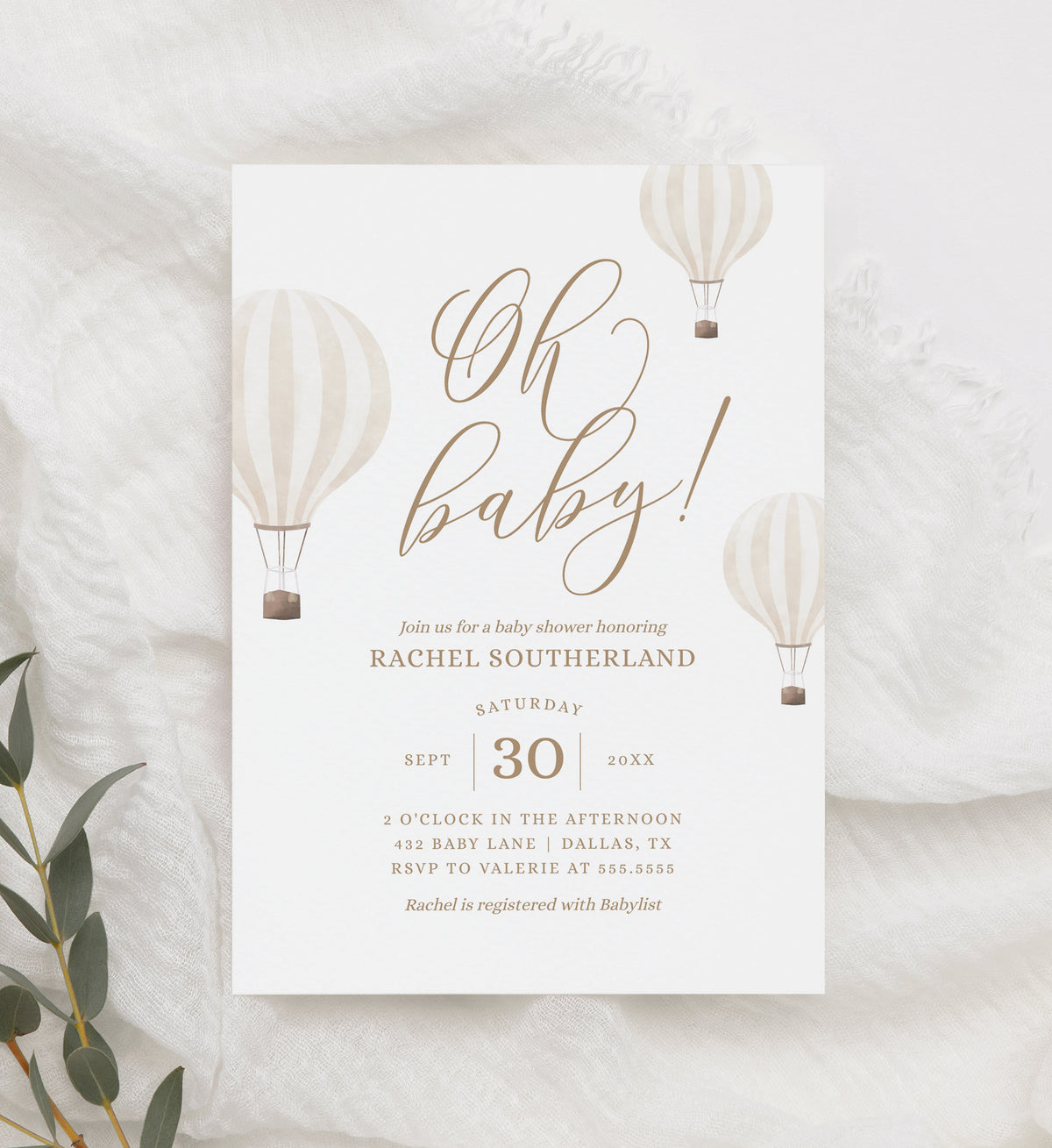 Editable Beige Hot Air Balloon Baby Shower Invitation Template