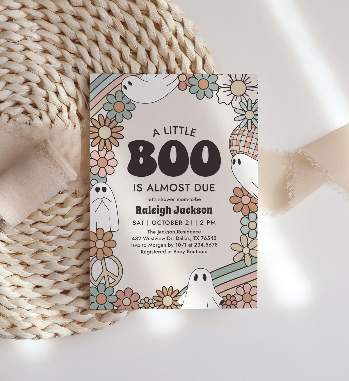 Little Boo Retro Ghost Baby Shower Invitation Template (Neutral)