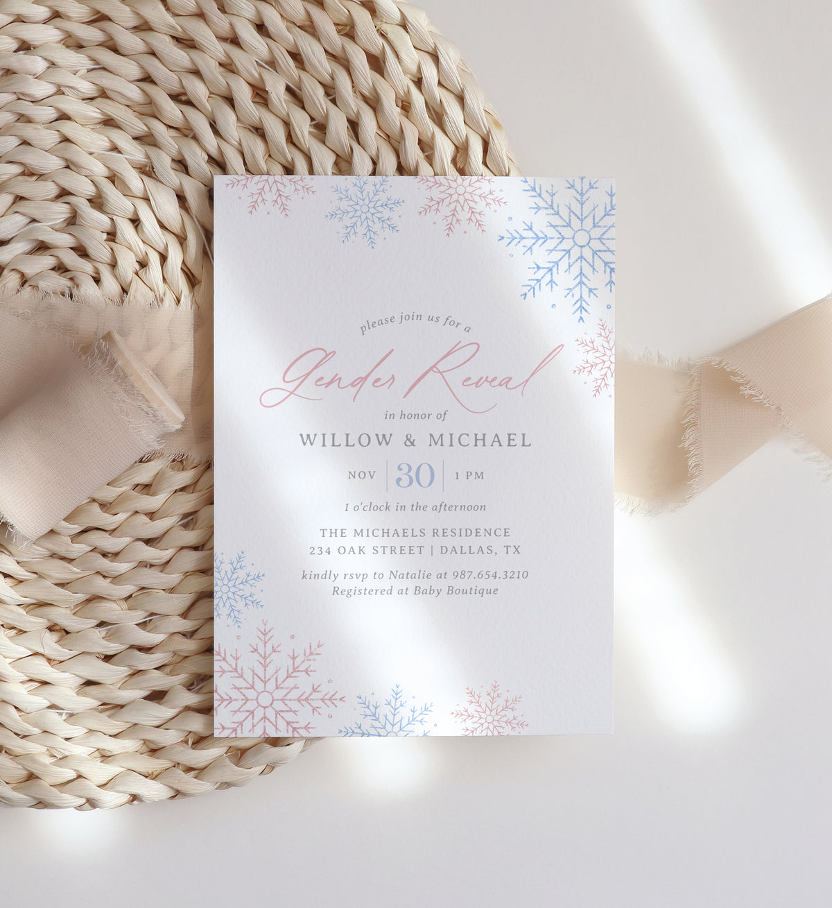 Editable Winter Snowflake Gender Reveal Invitation Template