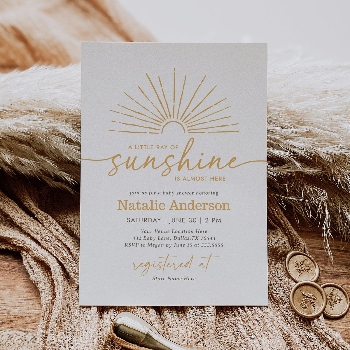 Editable Boho Sunshine Baby Shower Invitation Template