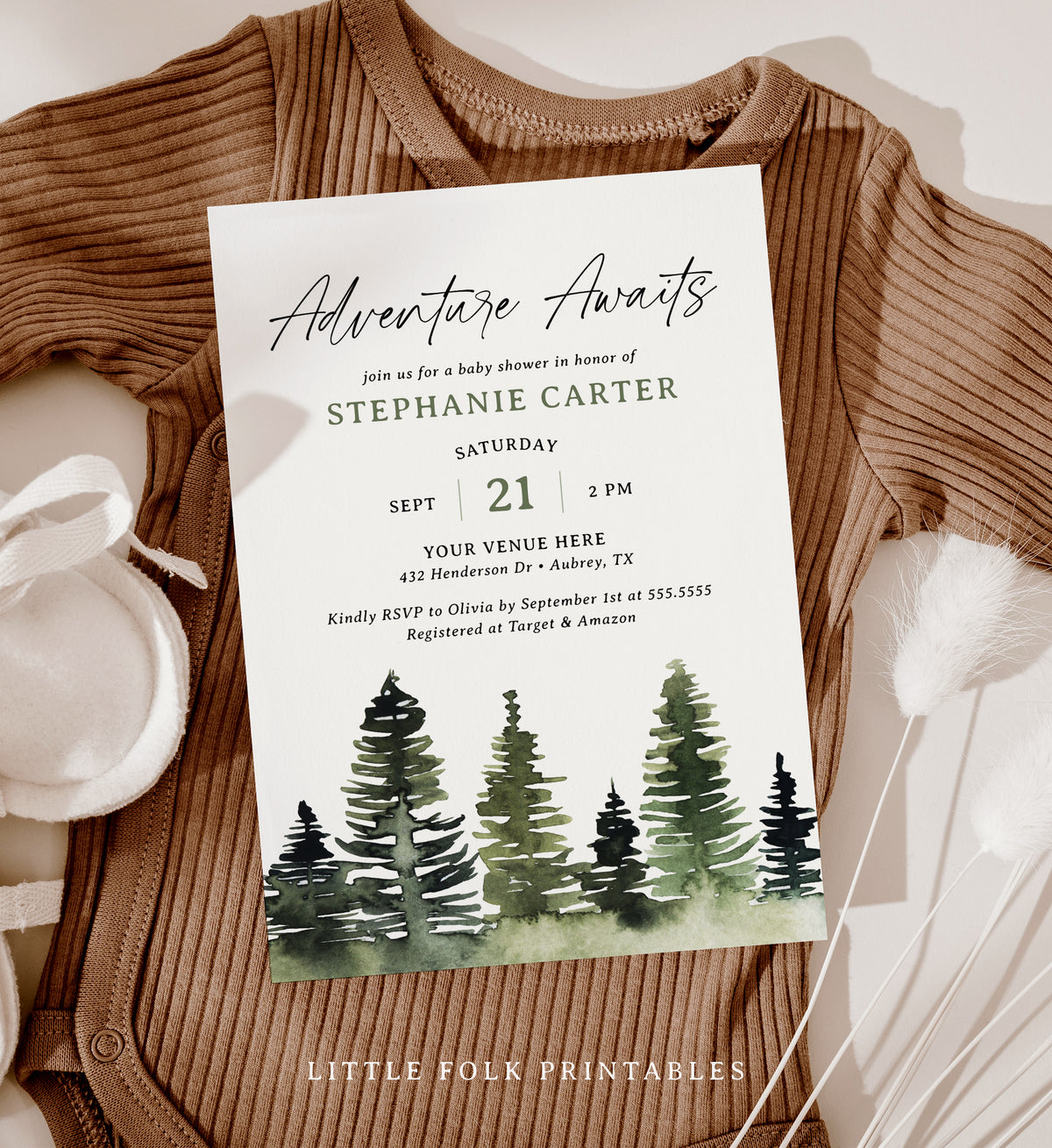 Watercolor Pine Tree Baby Shower Invitation Template