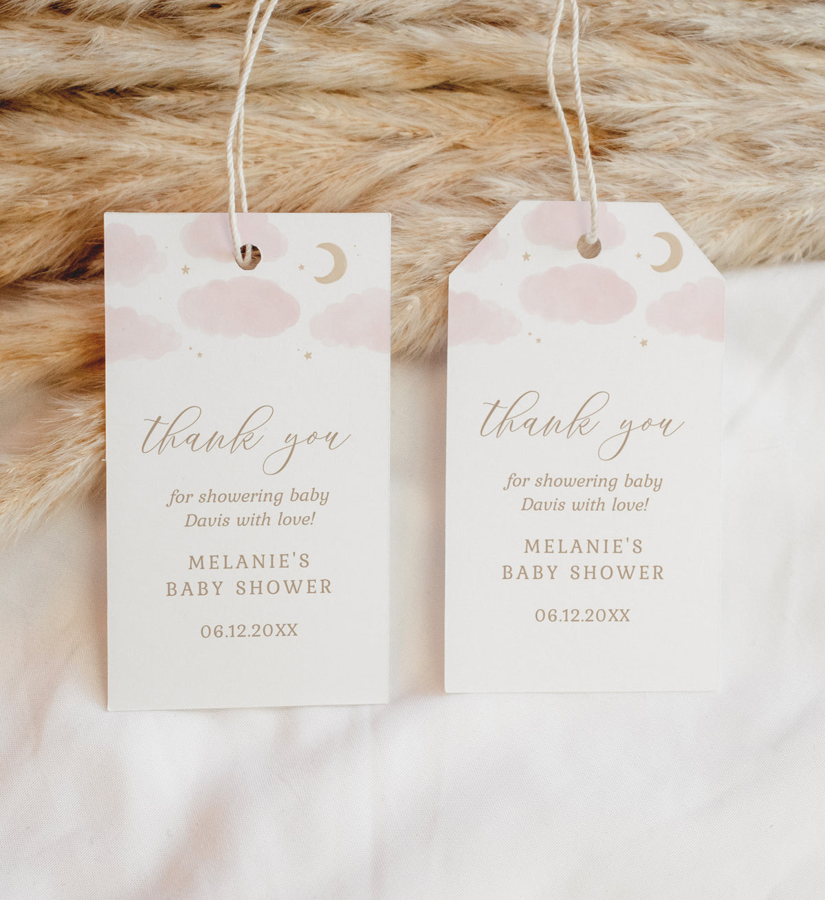 Editable Pink Moon and Stars Baby Shower Favor Tag Template