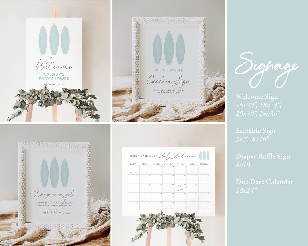Editable Blue Surfboard Baby Shower Invitation Bundle